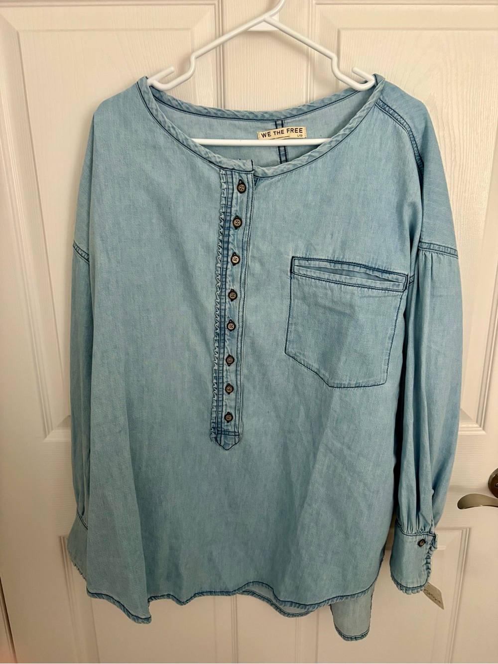 We The Free Light Blue Denim Button-Front Casual Shirt